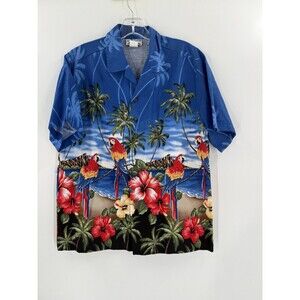 VINTAGE CT Hawaii Ladies Size 16 Hawaiian Shirt Parrots Palm Trees Blue USA MADE